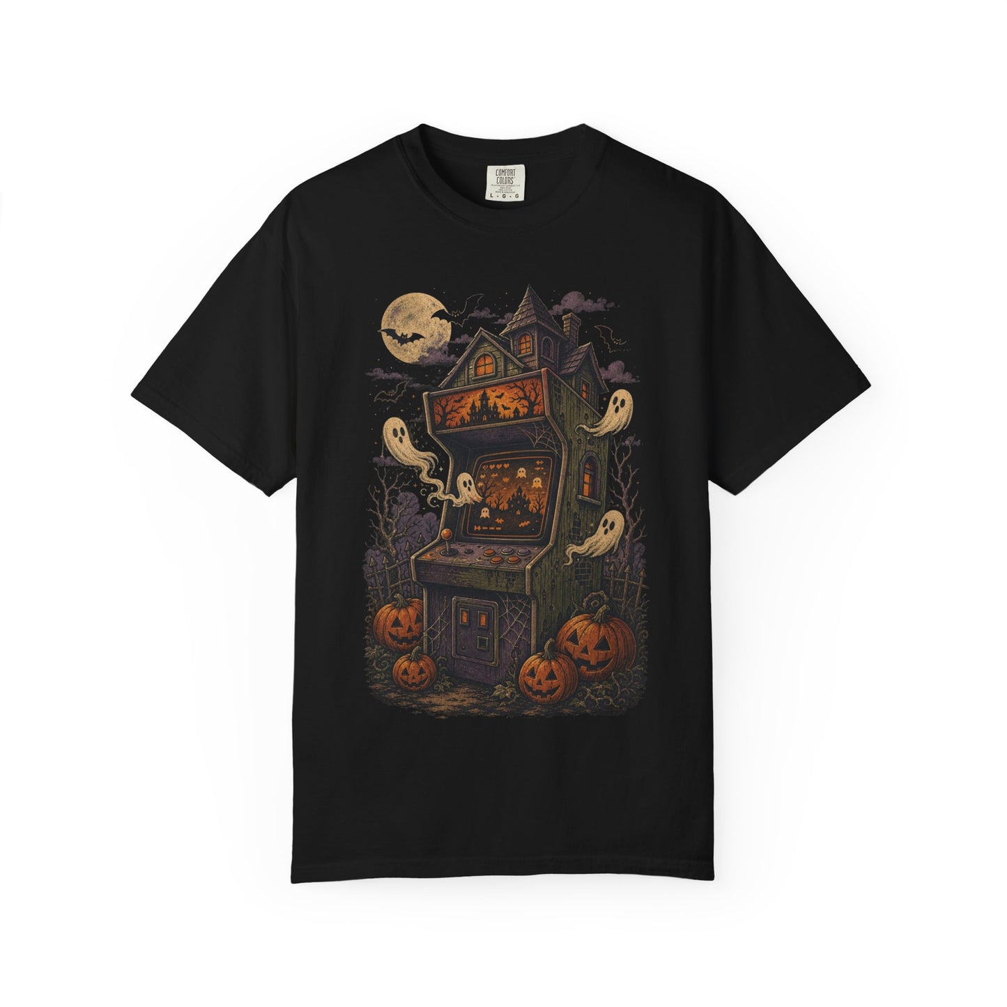 Haunted Arcade Cabinet T-shirt | Halloween ghosts, jack-o'-lanterns, moonlit haunted house