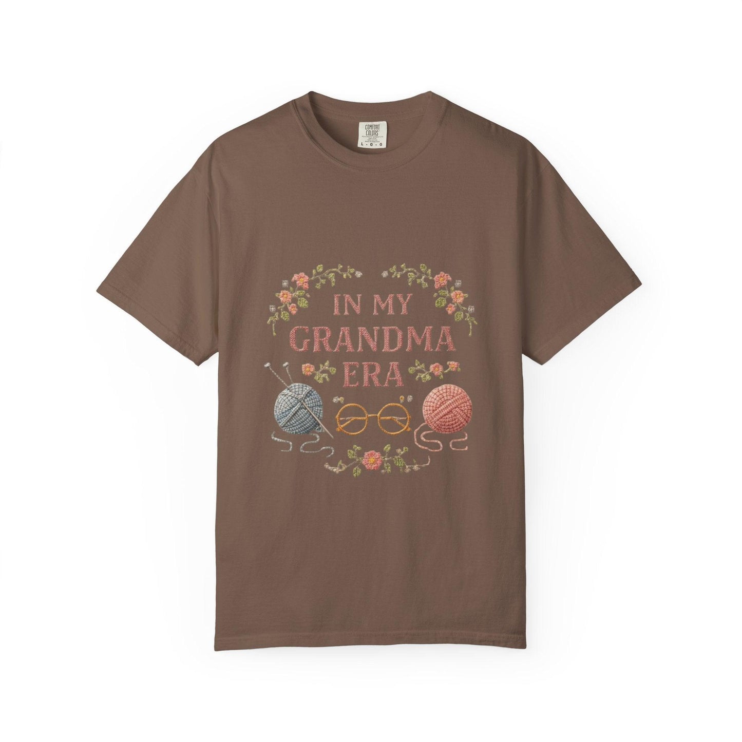 In My Grandma Era knitting balls glasses T-shirt | vintage floral knit design