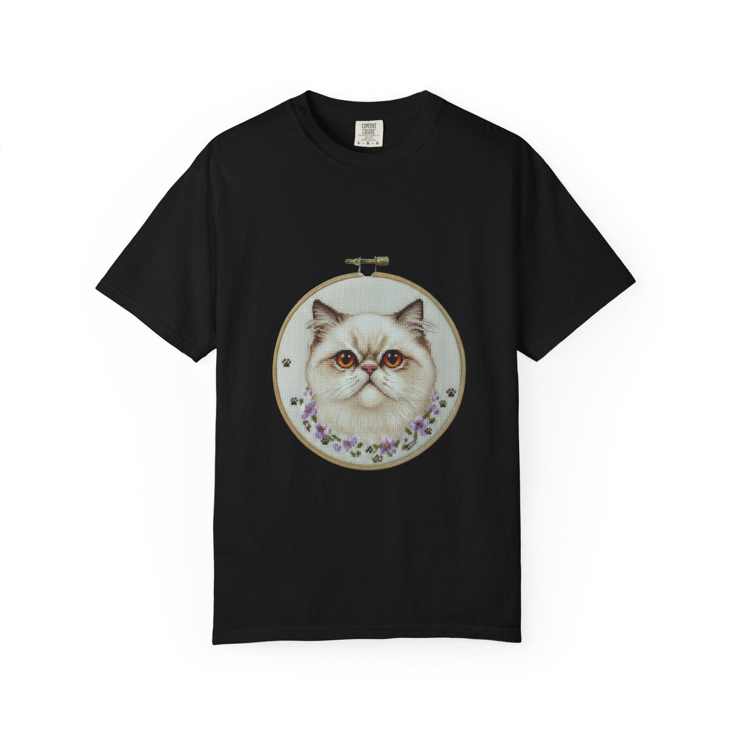 Persian Cat Portrait T-shirt | Embroidery Hoop Floral Illustration