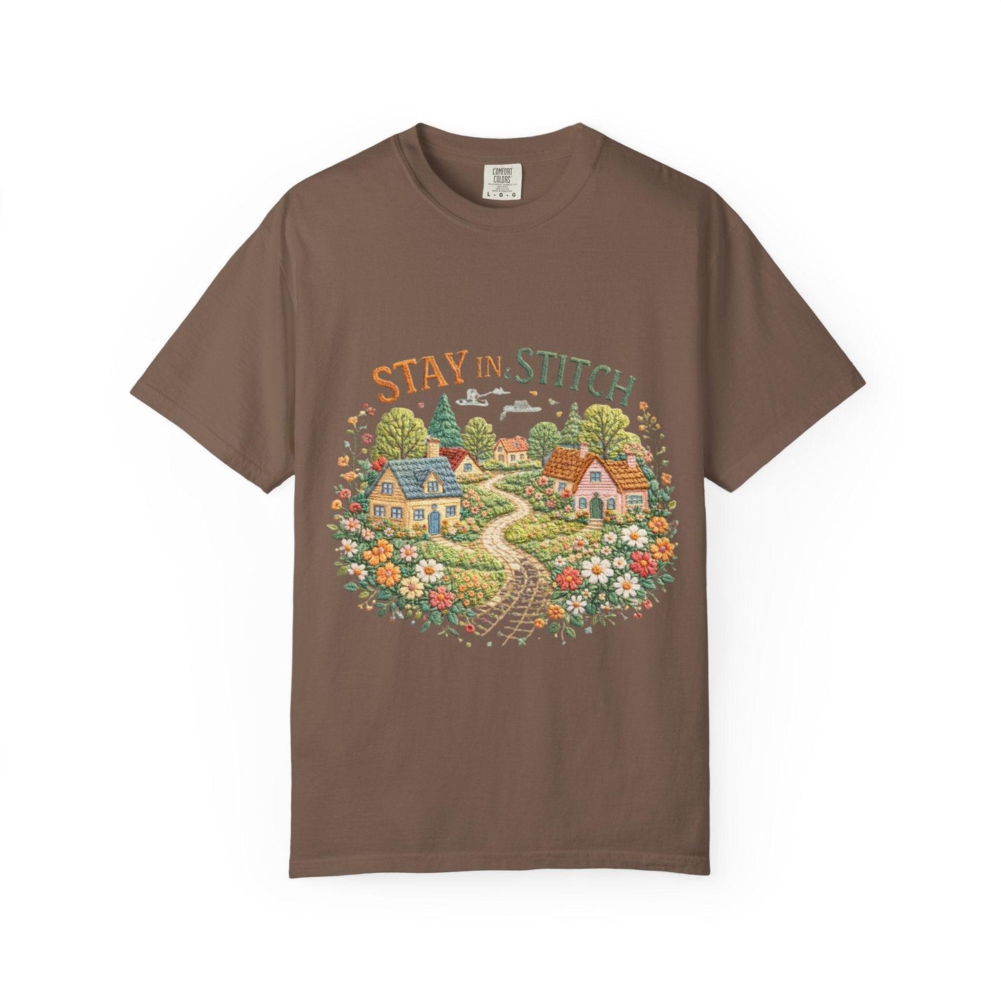 Stay In and Stitch Shirt, Cottagecore Sewing Tee, Grandma Hobbies Top, Vintage Cross Stitch Floral Village