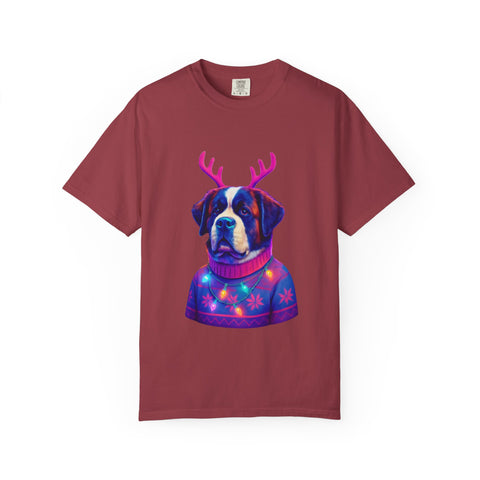 Saint Bernard in Reindeer Antlers T-Shirt | Holiday Dog Sweater Design