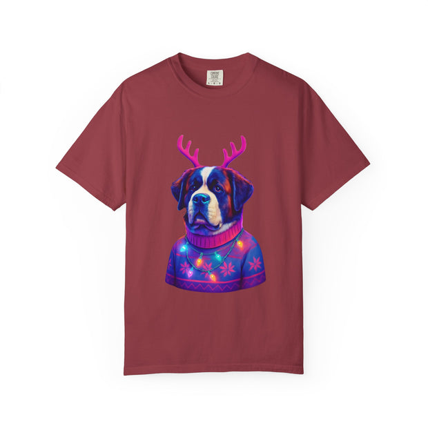 Saint Bernard in Reindeer Antlers T-Shirt | Holiday Dog Sweater Design