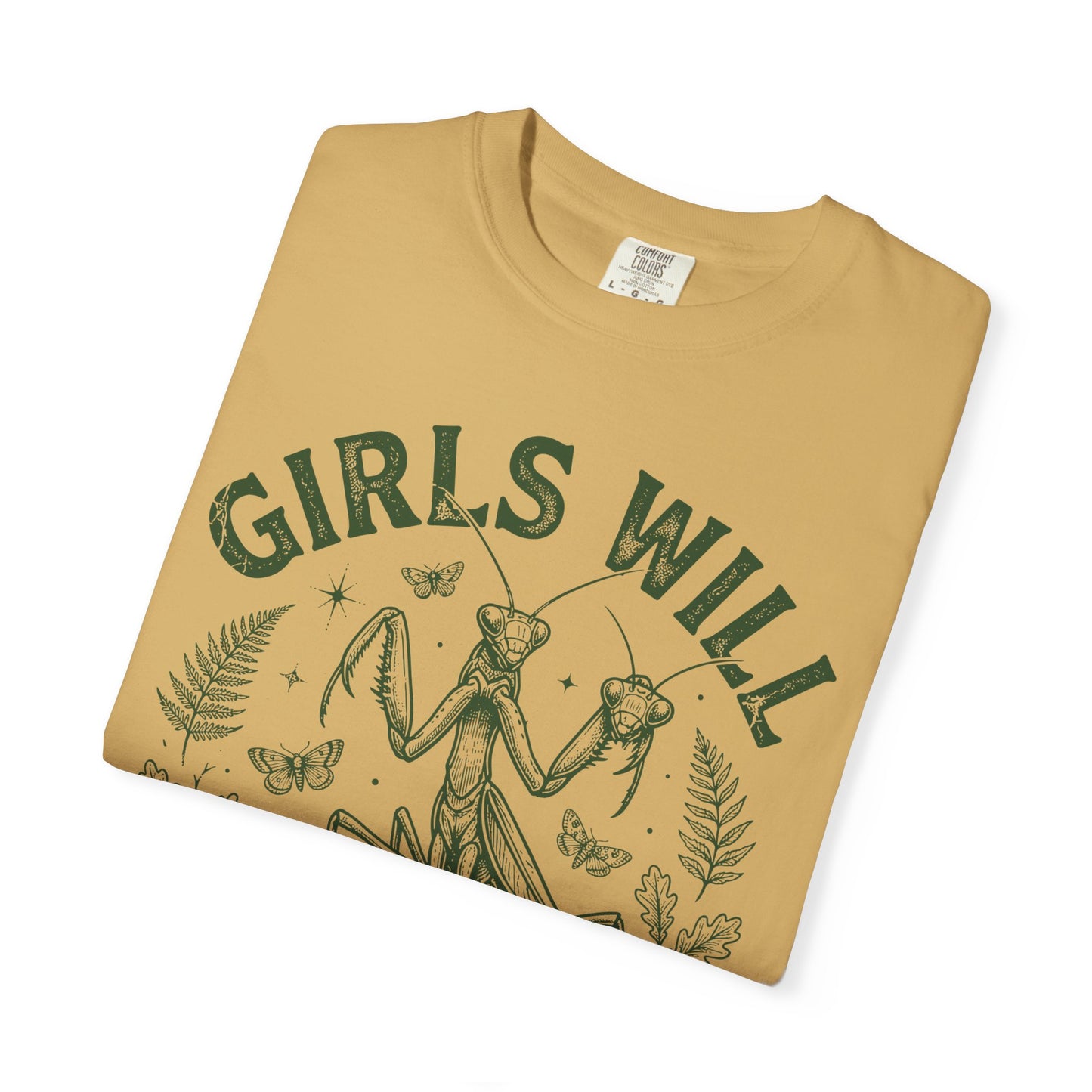 Praying Mantis 'Girls Will Be Girls' T-shirt | Insect Illustration, Botanical Accent