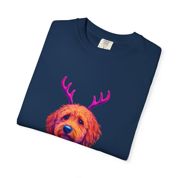 Golden Doodle in Reindeer Antler Sweater T-Shirt | Holiday Dog Portrait