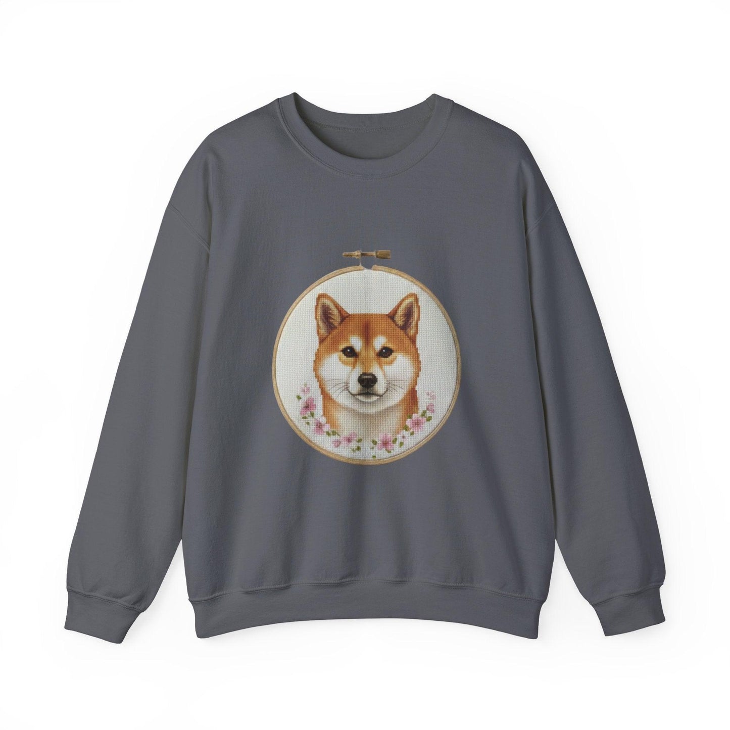 Shiba Inu Portrait Crewneck Sweatshirt | Embroidery Hoop Floral Frame