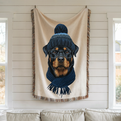 Rottweiler in Knit Hat Woven Blanket | Dog Portrait Throw, Pet Lover Decor