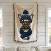 French Bulldog in Beanie Woven Blanket | Cozy Dog Throw, Winter Puppy Home Decor