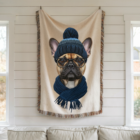 French Bulldog in Beanie Woven Blanket | Cozy Dog Throw, Winter Puppy Home Decor