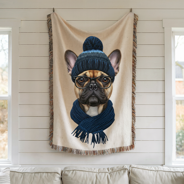French Bulldog in Beanie Woven Blanket | Cozy Dog Throw, Winter Puppy Home Decor