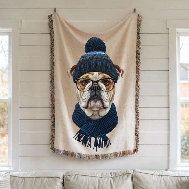 Bulldog in Beanie Woven Blanket | Cozy Dog Portrait Throw