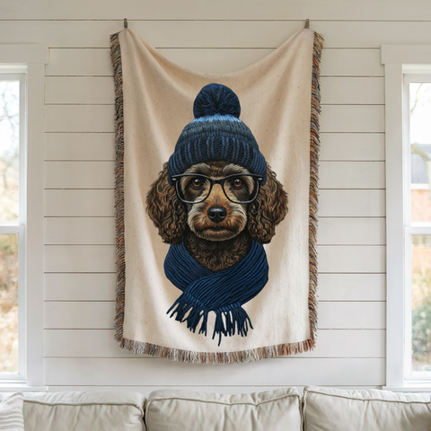 Poodle Wearing Beanie and Scarf Woven Blanket | Cozy Cabin Throw