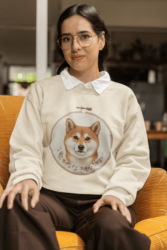 Shiba Inu Portrait Crewneck Sweatshirt | Embroidery Hoop Floral Frame