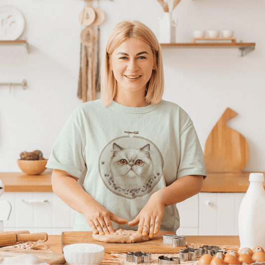 Persian Cat Portrait T-shirt | Embroidery Hoop Floral Illustration