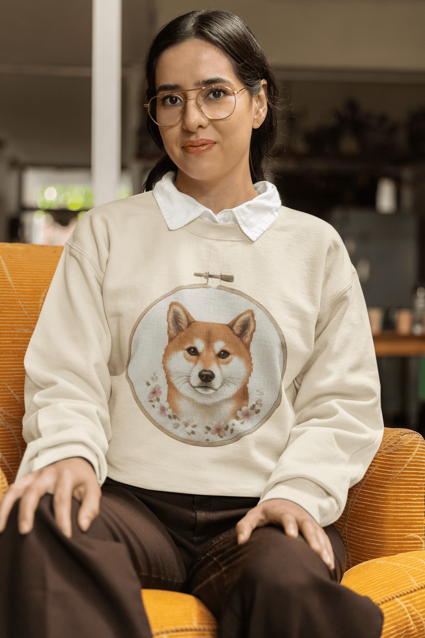 Shiba Inu Sweatshirt, Shiba Mom Gift, Vintage Cross Stitch Dog, Embroidered Floral Crewneck