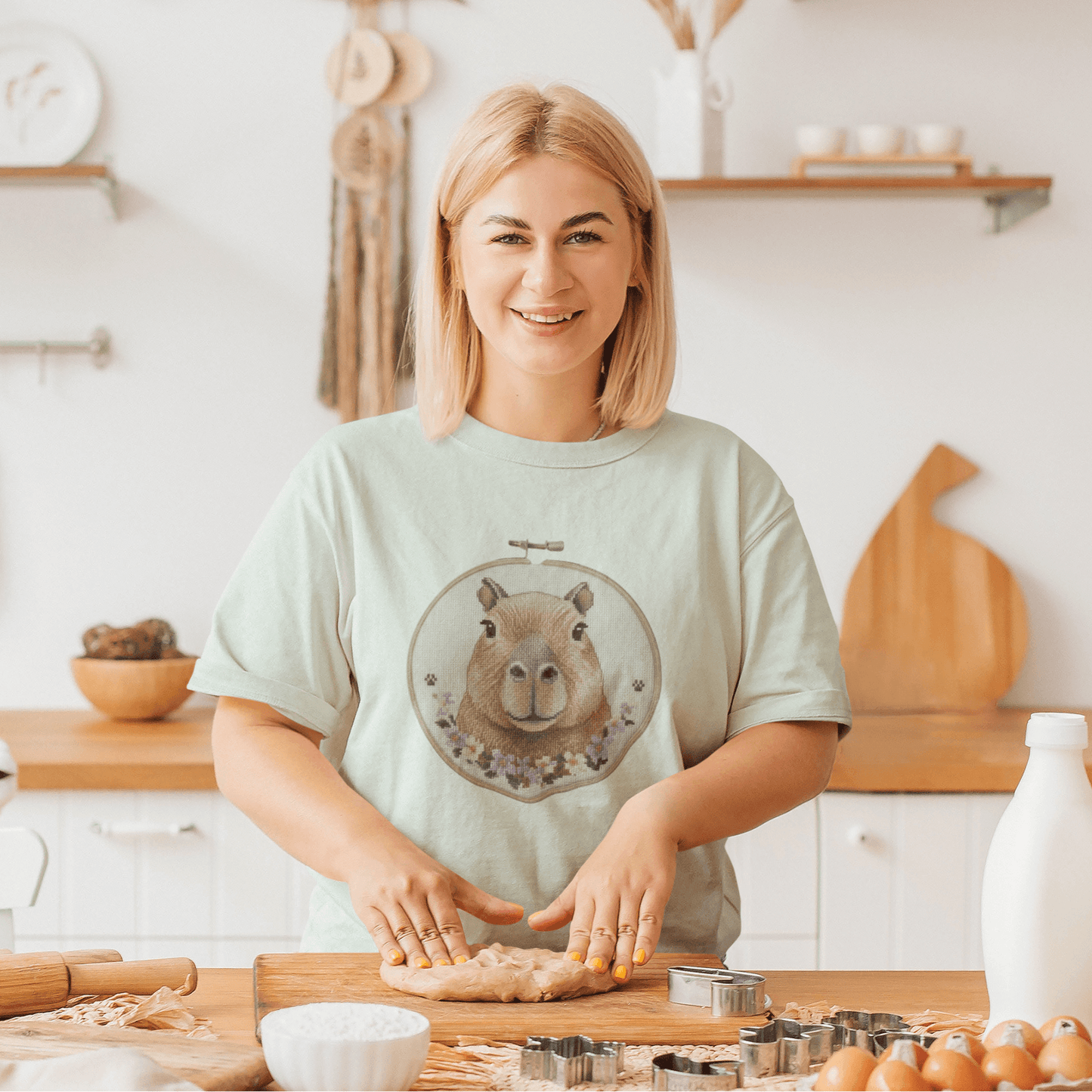 Capybara Portrait T-Shirt | Floral Embroidery Hoop Design