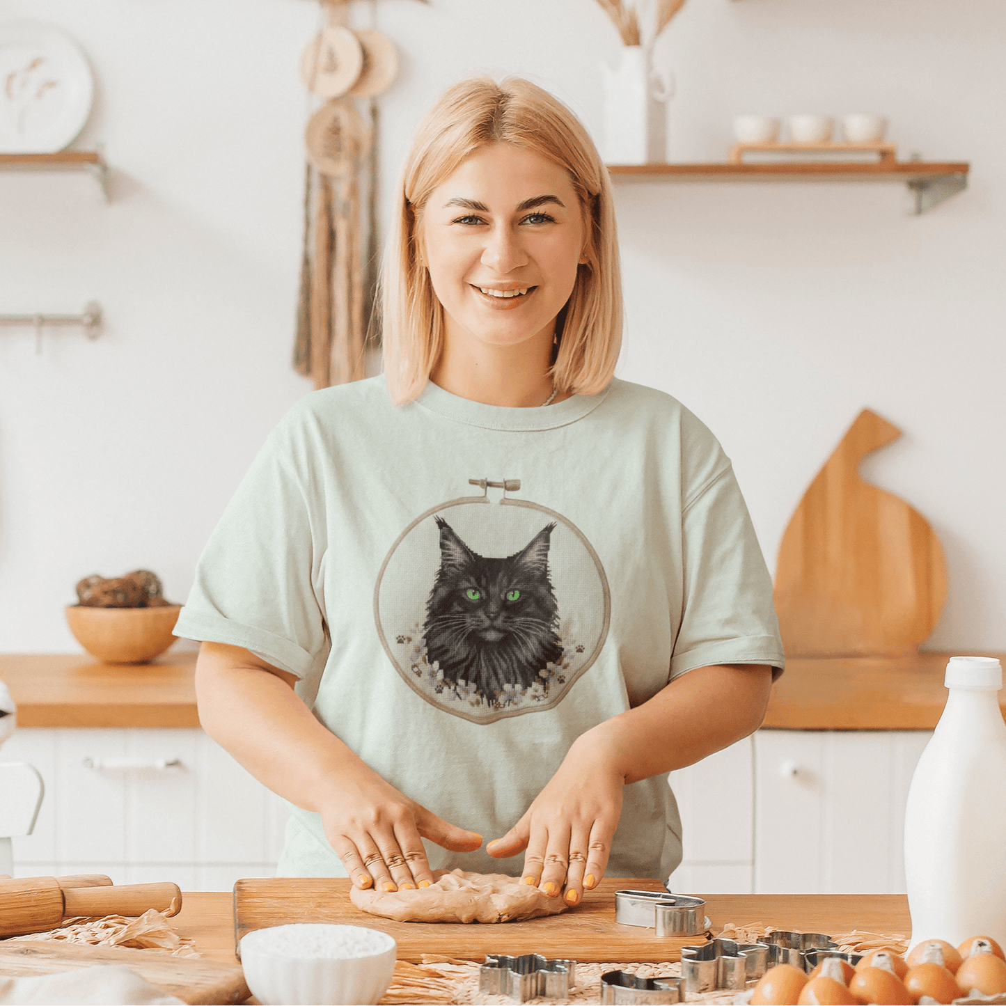 Black Cat Portrait T-Shirt | Embroidery Hoop Art, Green Eyes