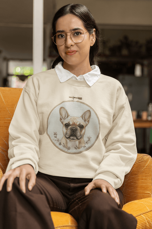 French Bulldog Portrait Sweatshirt | Embroidery Hoop Dog Face, Floral Accent
