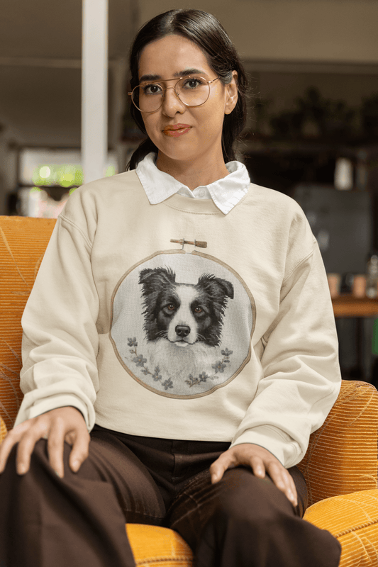 Border Collie Portrait Crewneck Sweatshirt | Embroidery Hoop Dog Design