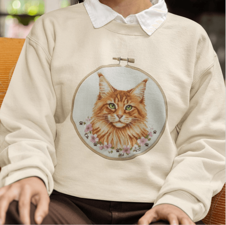 Orange Tabby Cat Sweatshirt, Cat Mom Gift, Cross Stitch Cat Portrait, Embroidery Hoop Floral Crewneck