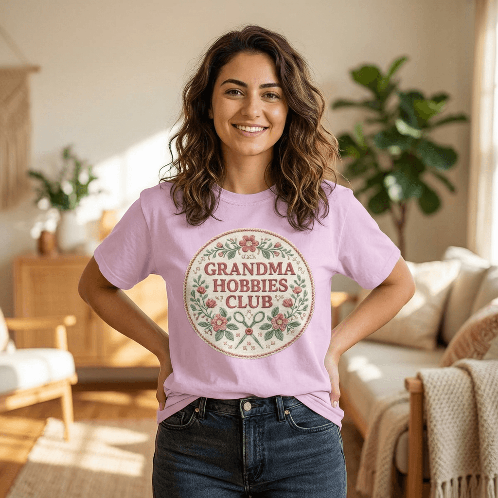 Grandma Hobbies Club T-shirt | Floral Needlework Scissors Embroidery Design