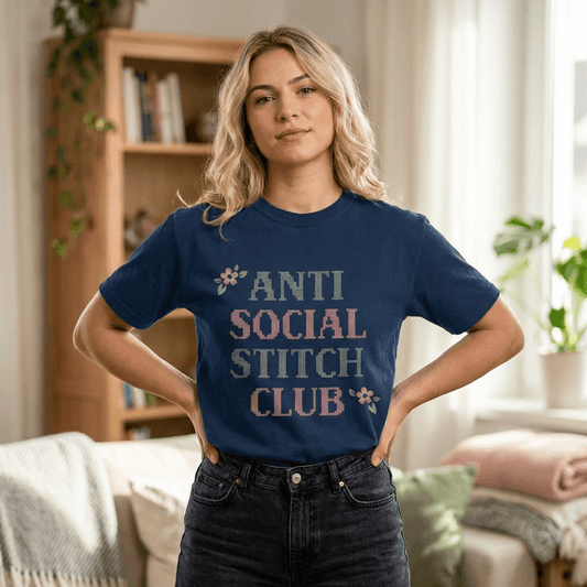 Anti Social Stitch Club T-shirt | Cross Stitch Floral Text Design