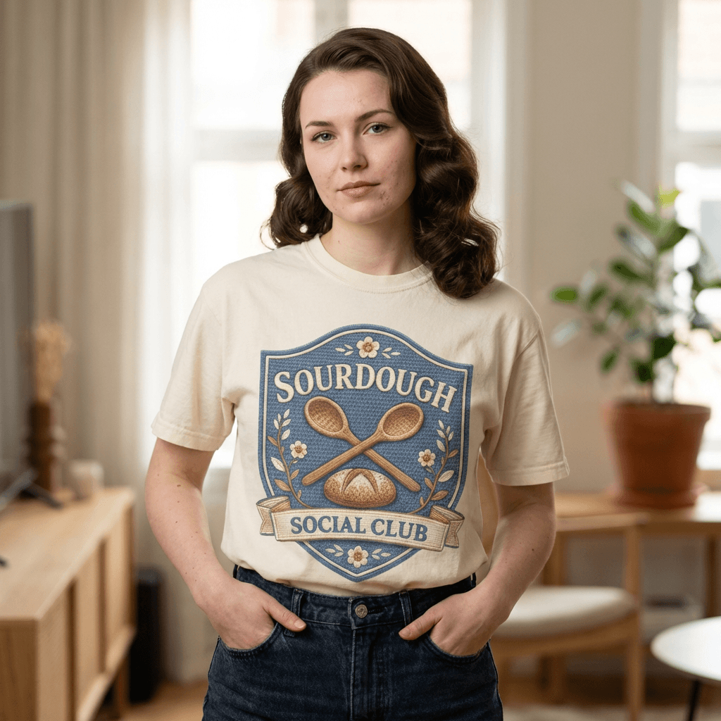 Sourdough Social Club T-shirt | Vintage Baking Badge, Bread Loaf & Spoons