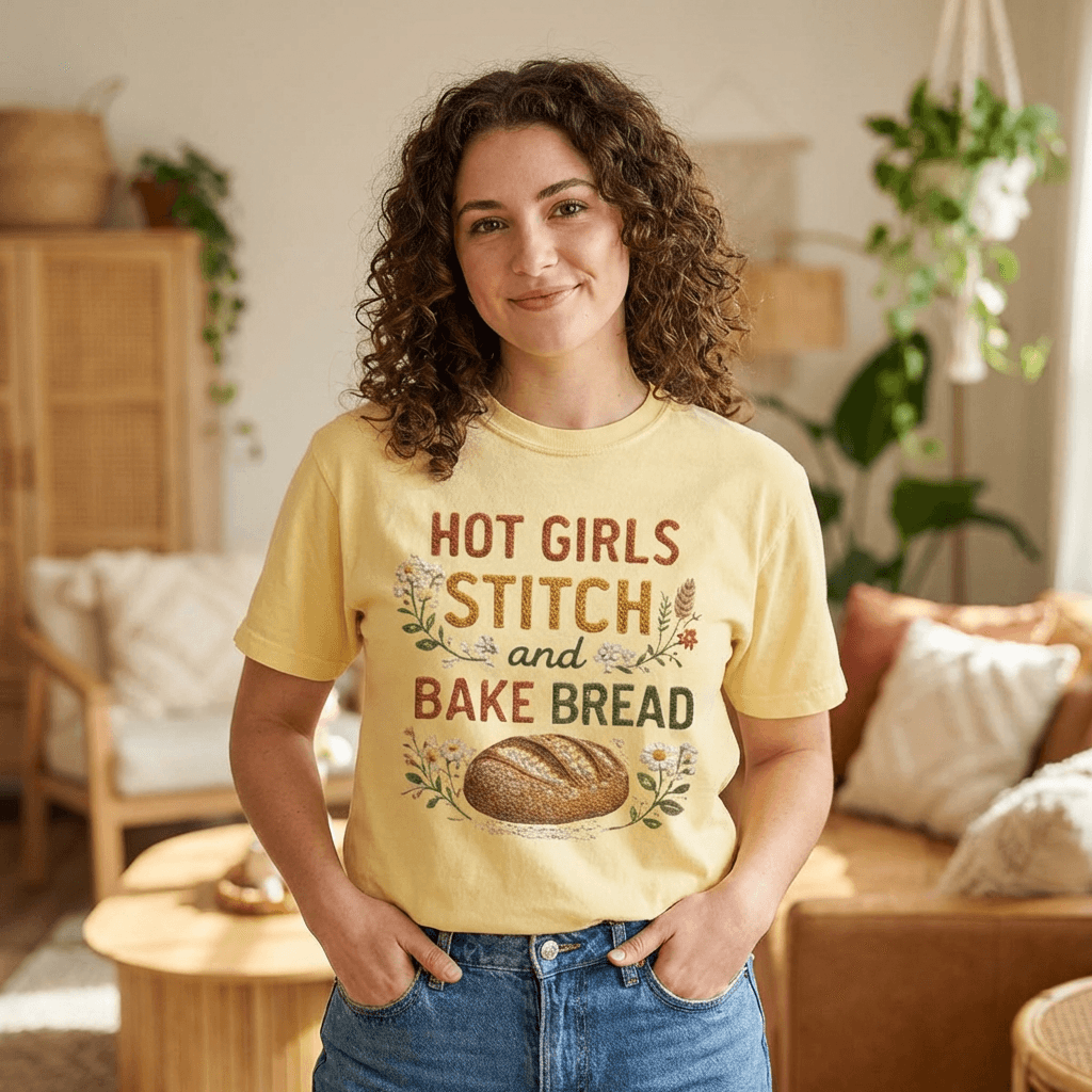 Hot Girls Stitch and Bake Bread T-Shirt | Bread Loaf Floral Embroidery Design