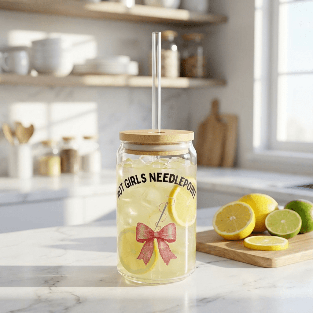 Hot Girls Needlepoint Glass Cup 16oz | Stitching Lover Gift