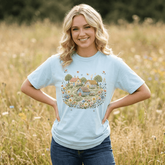 Cottage Garden Landscape T-shirt | Floral Village Illustration