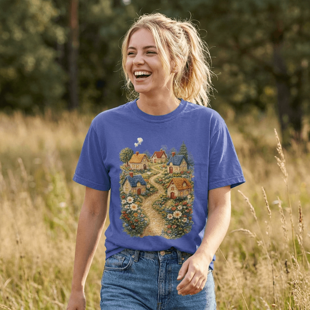 Cottage Garden Path T-shirt | Floral Village Illustration
