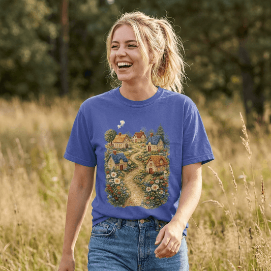 Cottage Garden Path T-shirt | Floral Village Illustration
