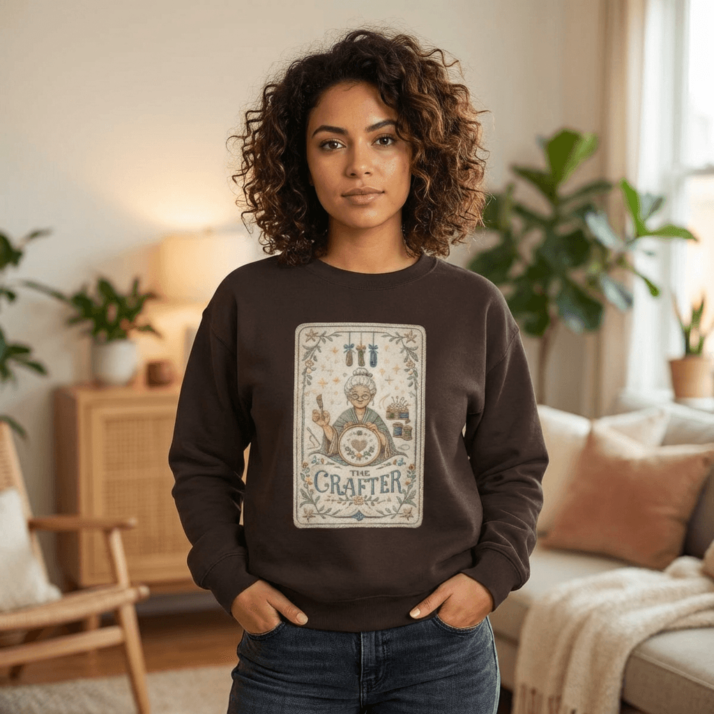 The Crafter illustration Crewneck Sweatshirt | Vintage craft tools, floral frame