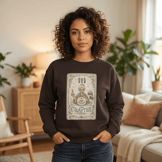 The Crafter illustration Crewneck Sweatshirt | Vintage craft tools, floral frame