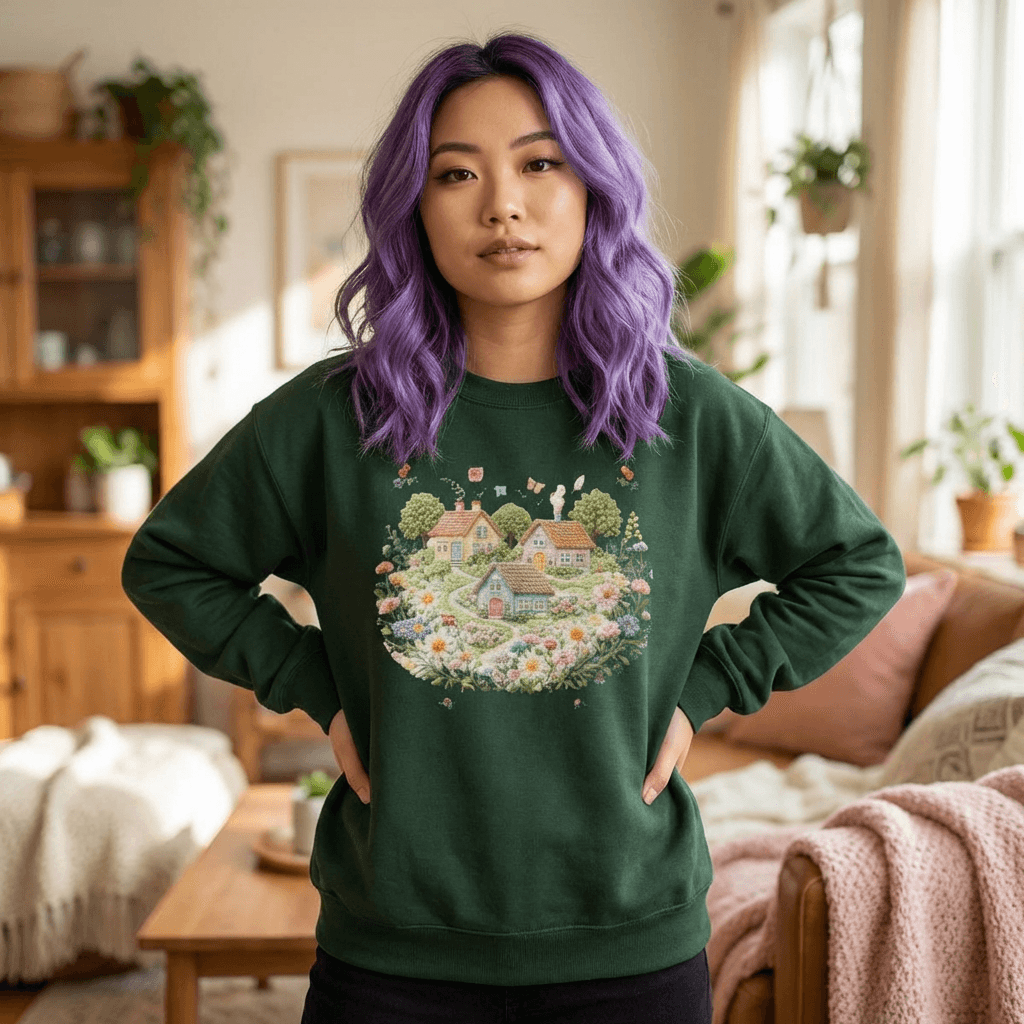 Cottage Garden Illustration Sweatshirt | Floral Village Scene, Cozy Spring