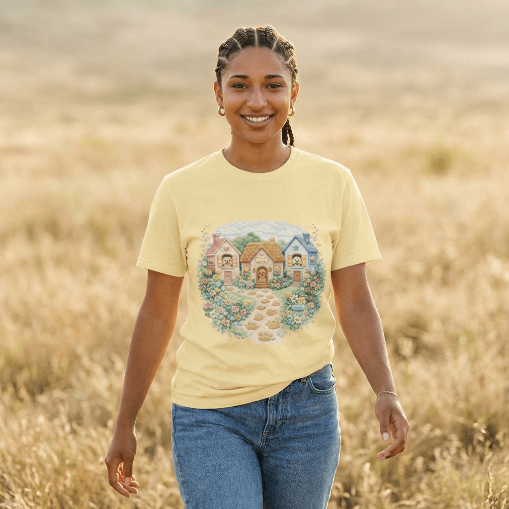 Cute Cottage Row illustration T-shirt | pastel village floral path
