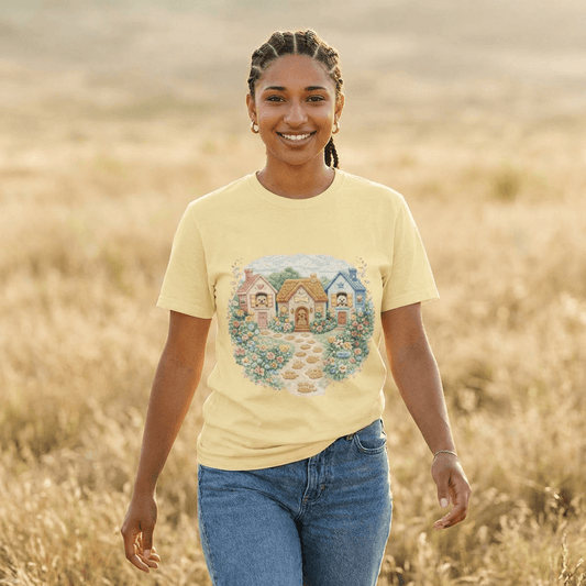 Cute Cottage Row illustration T-shirt | pastel village floral path