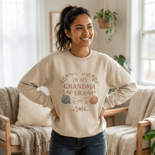In My Grandma Era knitting balls and glasses Sweatshirt | Cozy vintage floral design