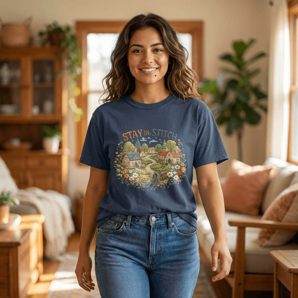 Stay In and Stitch Shirt, Cottagecore Sewing Tee, Grandma Hobbies Top, Vintage Cross Stitch Floral Village