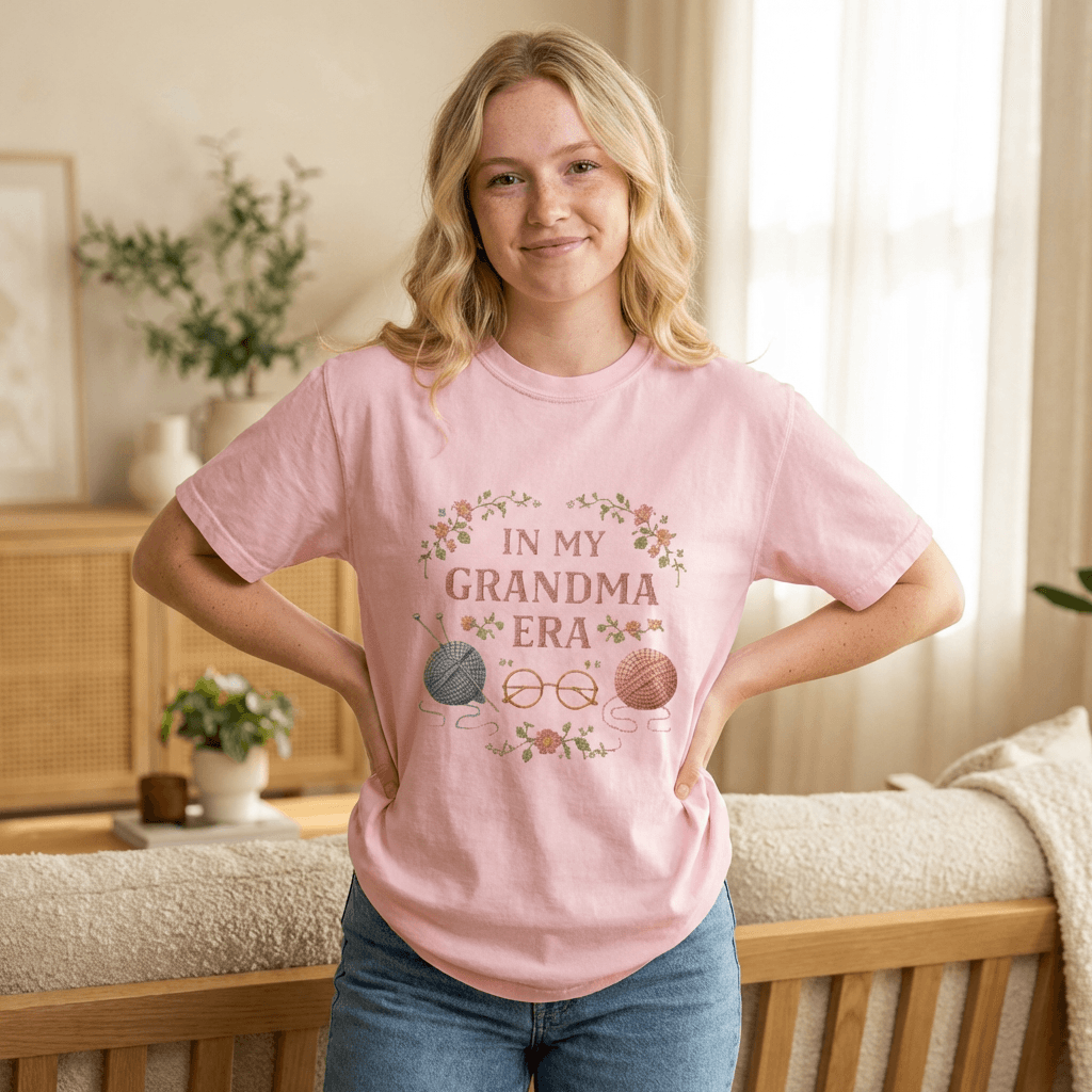 In My Grandma Era knitting balls glasses T-shirt | vintage floral knit design
