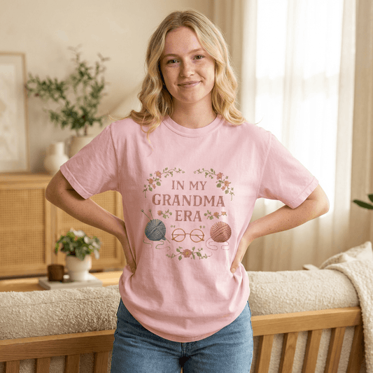 In My Grandma Era knitting balls glasses T-shirt | vintage floral knit design
