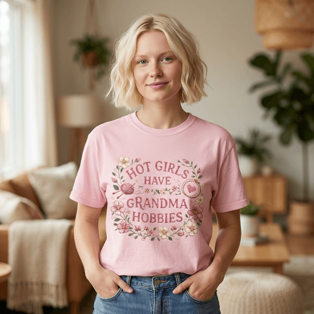 Hot Girls Have Grandma Hobbies T-Shirt | Floral Vintage Script