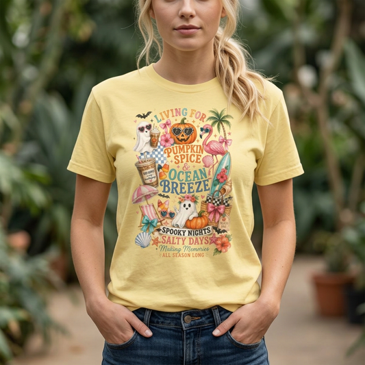 Pumpkin Spice & Ocean Breeze T-Shirt, Summerween Flamingo Shirt, Halloween Beach Tee, Tropical Spooky Season Graphic, Fall Vacation Shirt