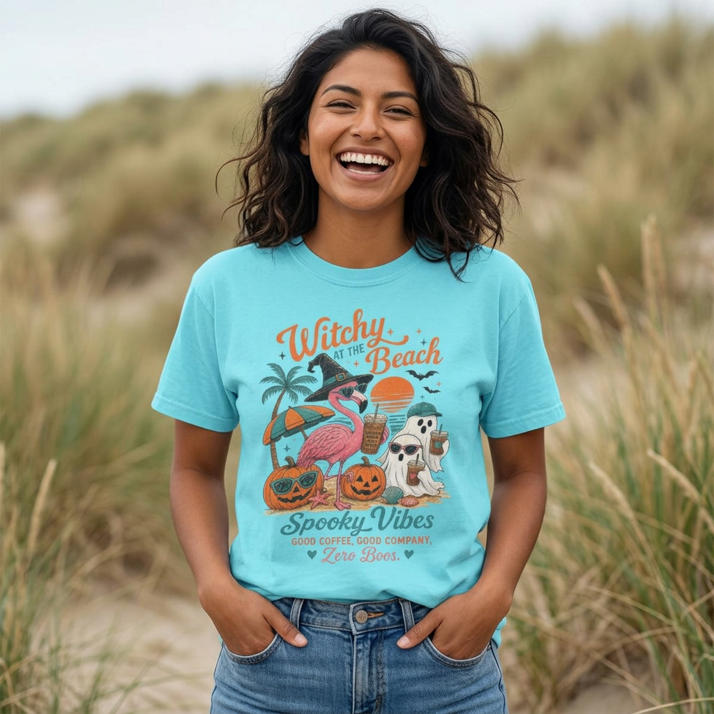 Witchy at the Beach T-shirt | Spooky Vibes Halloween Flamingo Design
