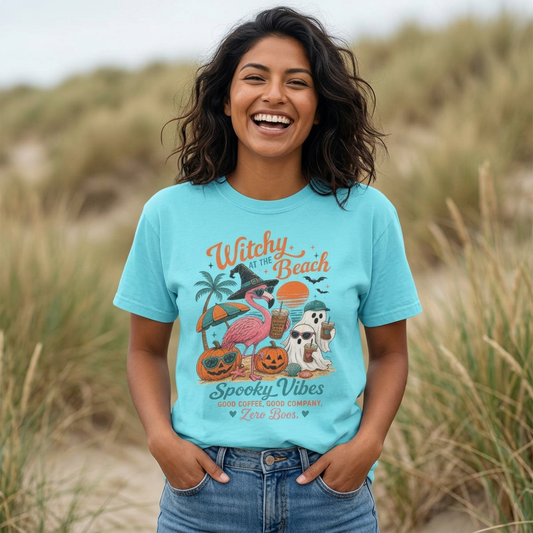 Witchy at the Beach T-shirt | Spooky Vibes Halloween Flamingo Design