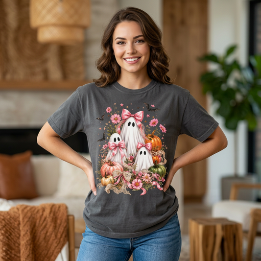 Coquette Ghost Halloween Shirt, Pink Bow Ghost T-Shirt, Cute Spooky Season Tee, Girly Halloween Pumpkin Graphic, Fall Aesthetic Shirt