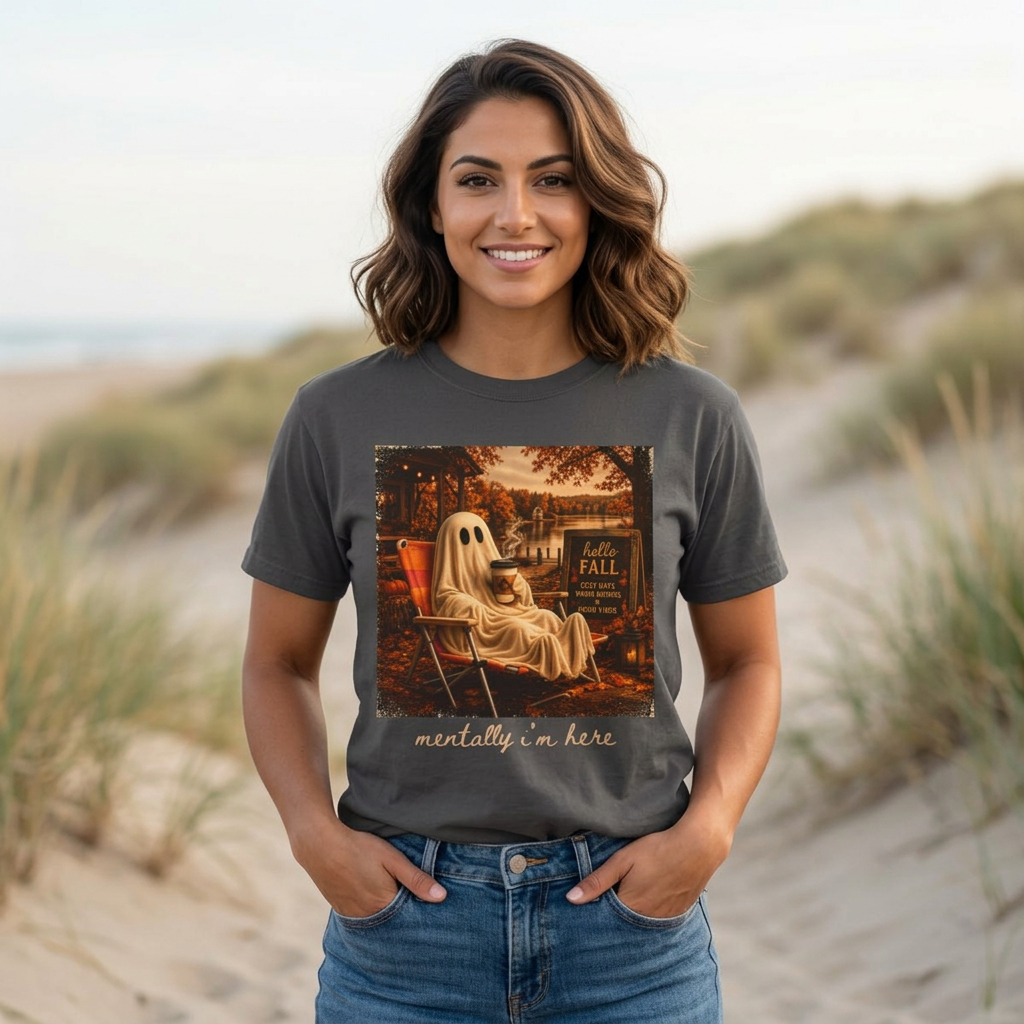 Cozy Ghost in Chair Fall T-shirt | Autumn Leaves, Retro Halloween Scene, Summerween
