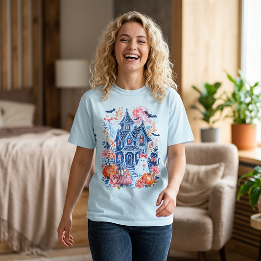Spooky Haunted House Halloween T-Shirt | Ghosts, Pumpkins, Bats