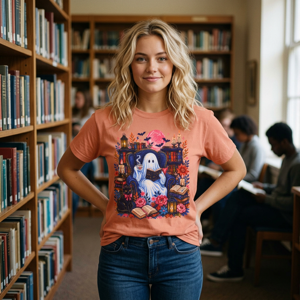 Cozy Reading Ghost T-Shirt | Bookish Halloween Illustration