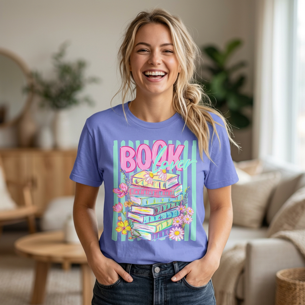 Book Lover Stack T-Shirt, Pastel Book Stack Floral Tee, Cozy Reader Shirt, Booktok Graphic T-Shirt, Cute Bookish Gift for Women