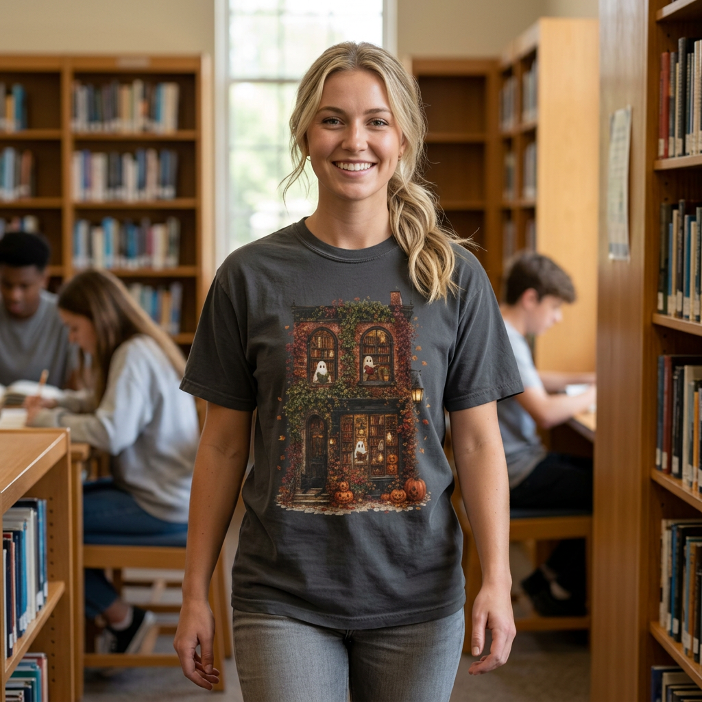 Haunted Bookstore T-Shirt, Cozy Book Lover Halloween Shirt, Ghost Library Tee, Dark Academia Fall Graphic, Spooky Reader Gift